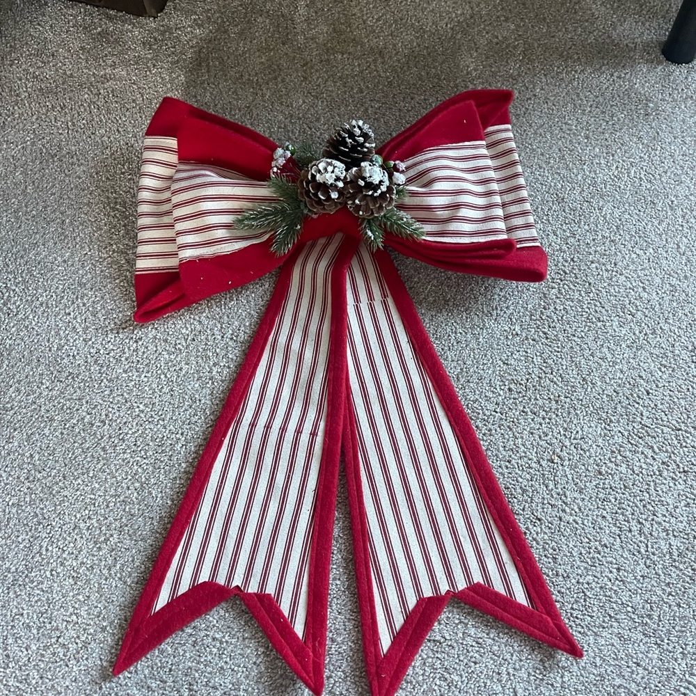 Kirklands Red and White Striped Bow with Pinecones